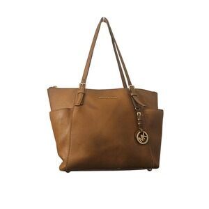 Michael Kors Tote Bag Cognac Leather Gold Tone MK Charm Shoulder Bag